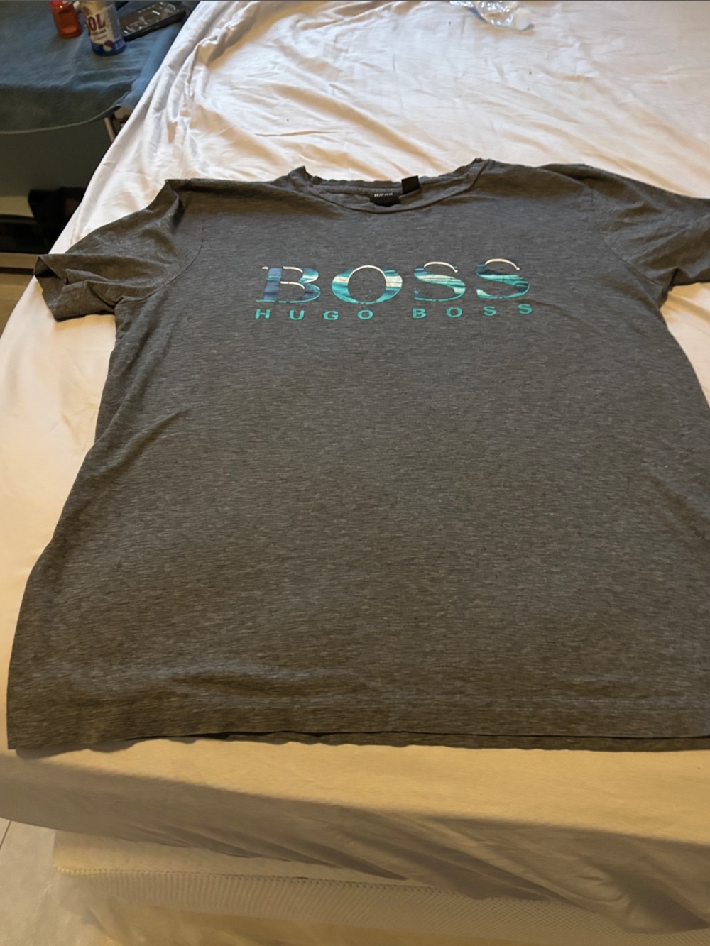 Hugo Boss Gray Tee with Teal Logo
